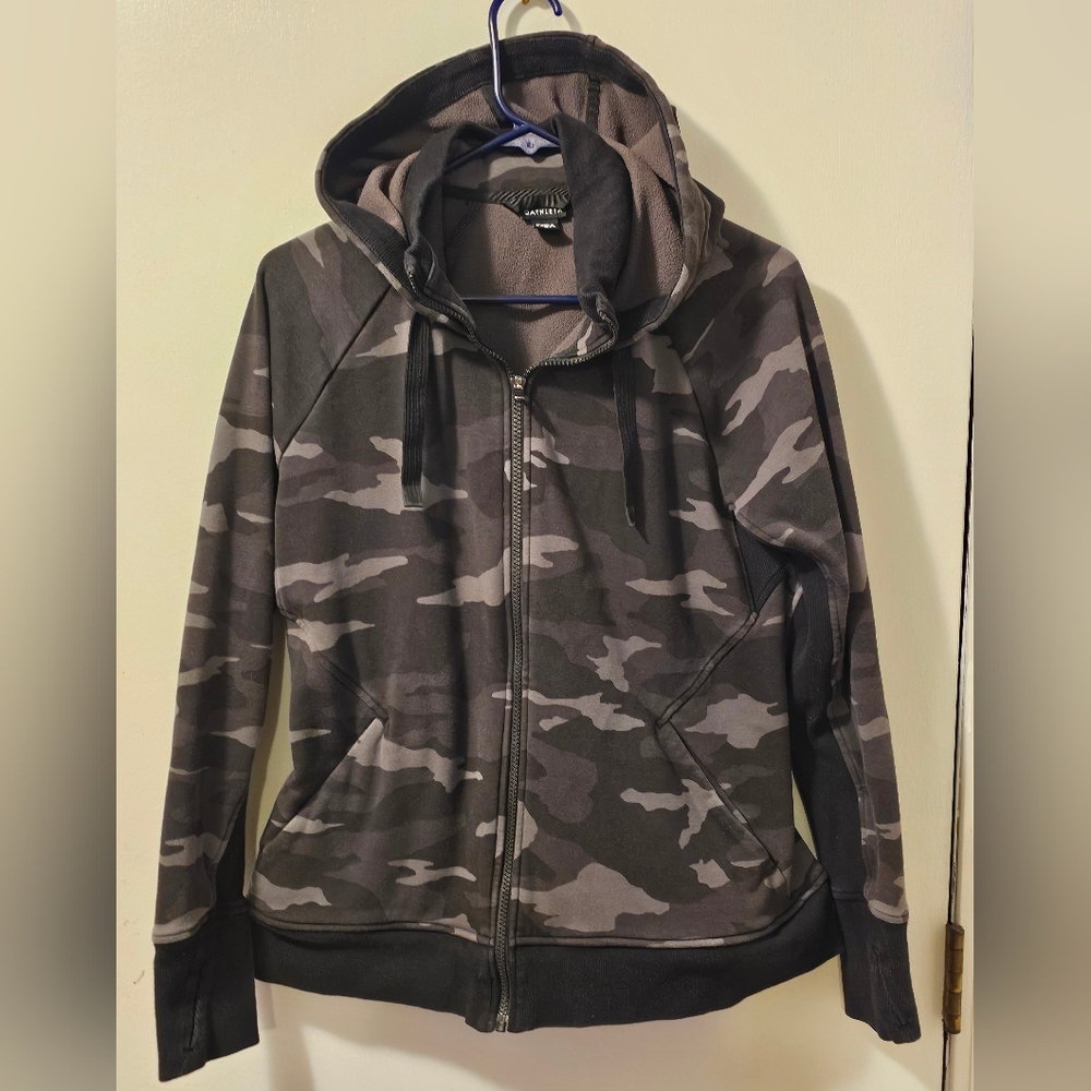 Athleta Activewear Triumph Printed Full Zip Hoodie Black Camo Women's Size Large